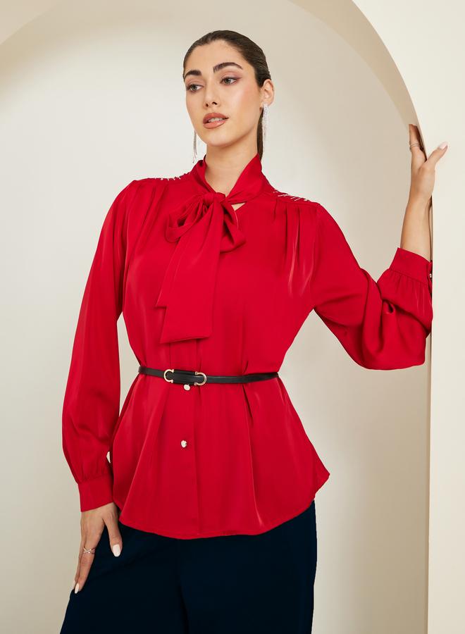 Styli Women Red Tie-Up Neck Buttoned Blouse - Image 1